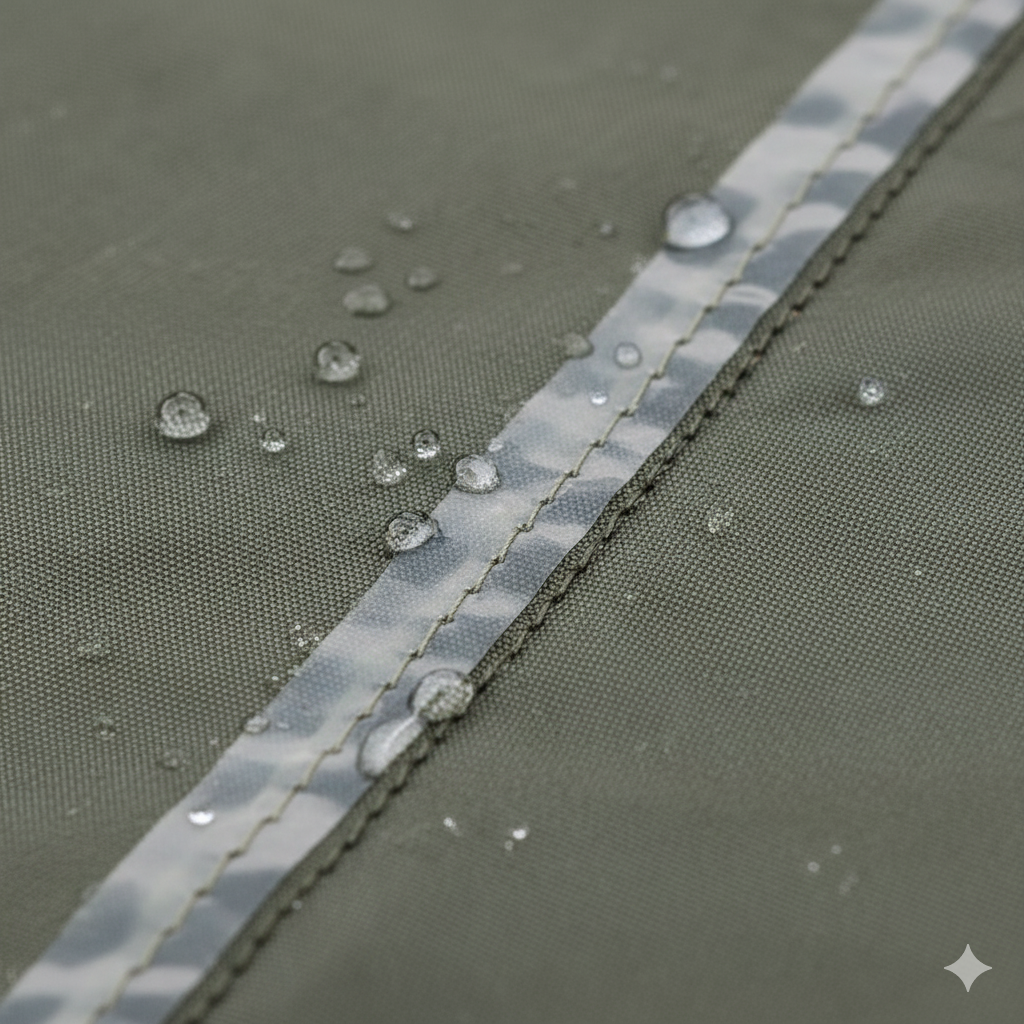 Tent rainfly waterproof coating and seam-sealed stitching